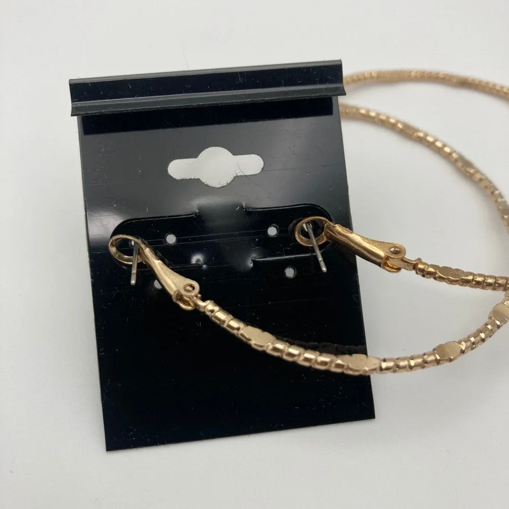 Gold Tone Textured Beaded Hoop Earrings Oversized 2.5 Inch Costume Jewelry